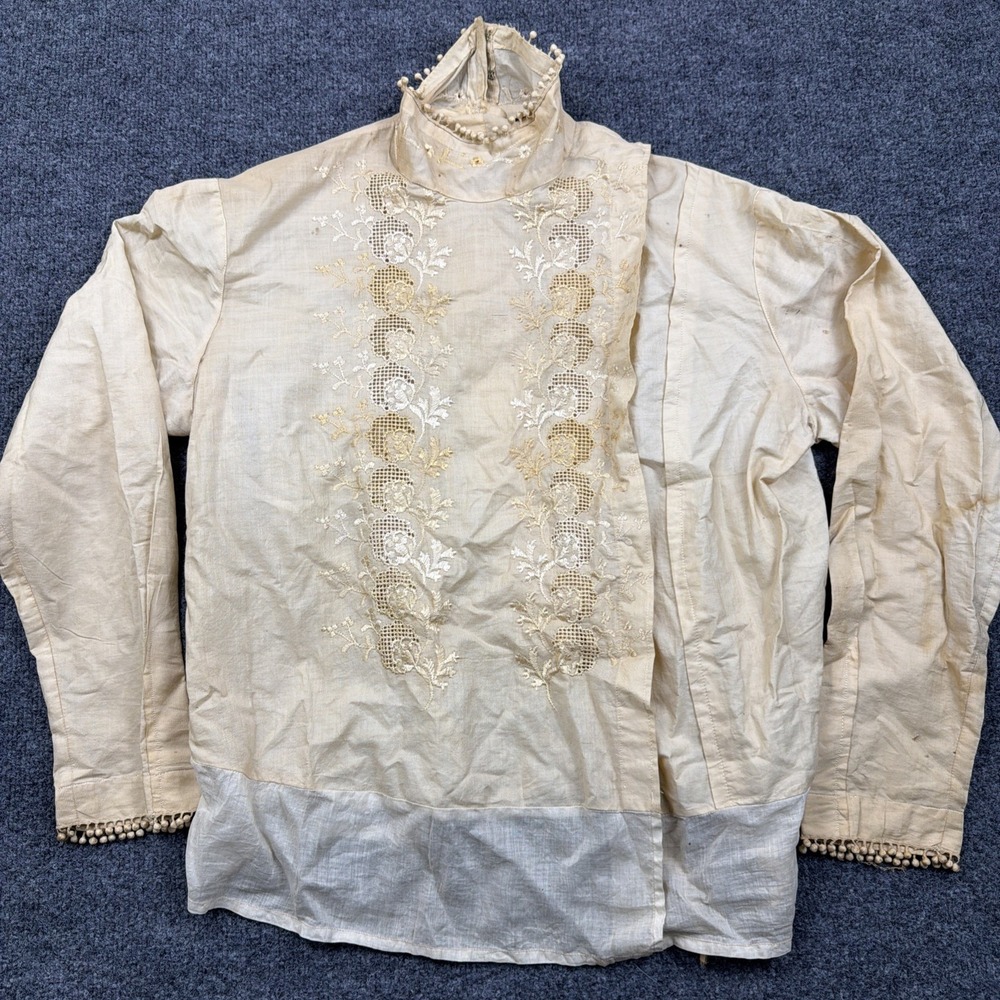 Antique Edwardian Blouse Lace Embroidered Shirtwaist High Collar Victorian 1900s